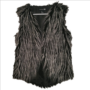 Forever 21 Black Gray White Faux Fur Fuzzy Vest Women's Size Medium